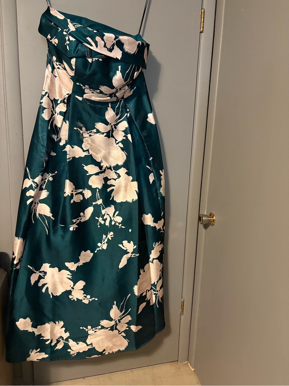Donna Karan Teal Strapless Floral Satin Dress with Ivory Blossoms